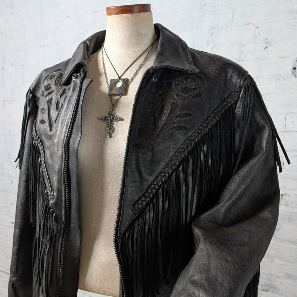 Vintage Black Leather Biker Fringe Jacket Moto Western Velvet Goth Coat Large - Picture 5 of 10